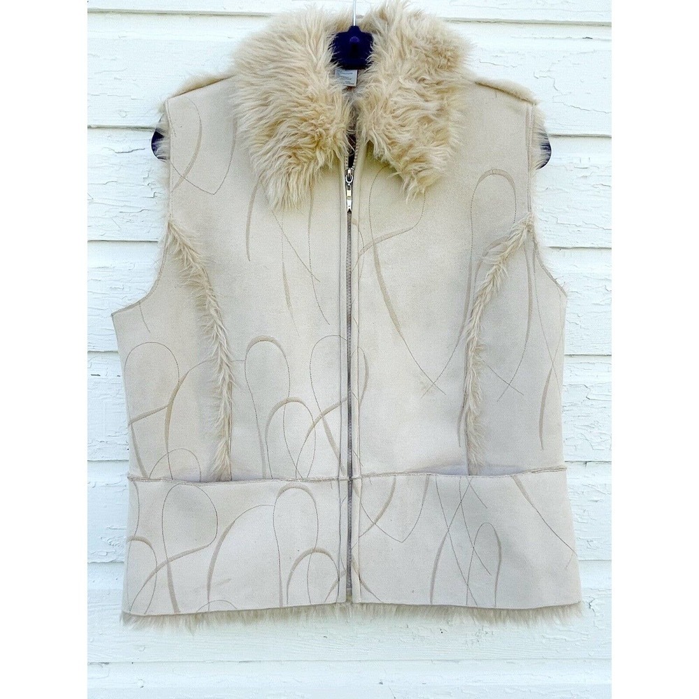 LISA International Vest Faux Suede Fur Embroidered Nubuck Tan L Full Zip Pockets